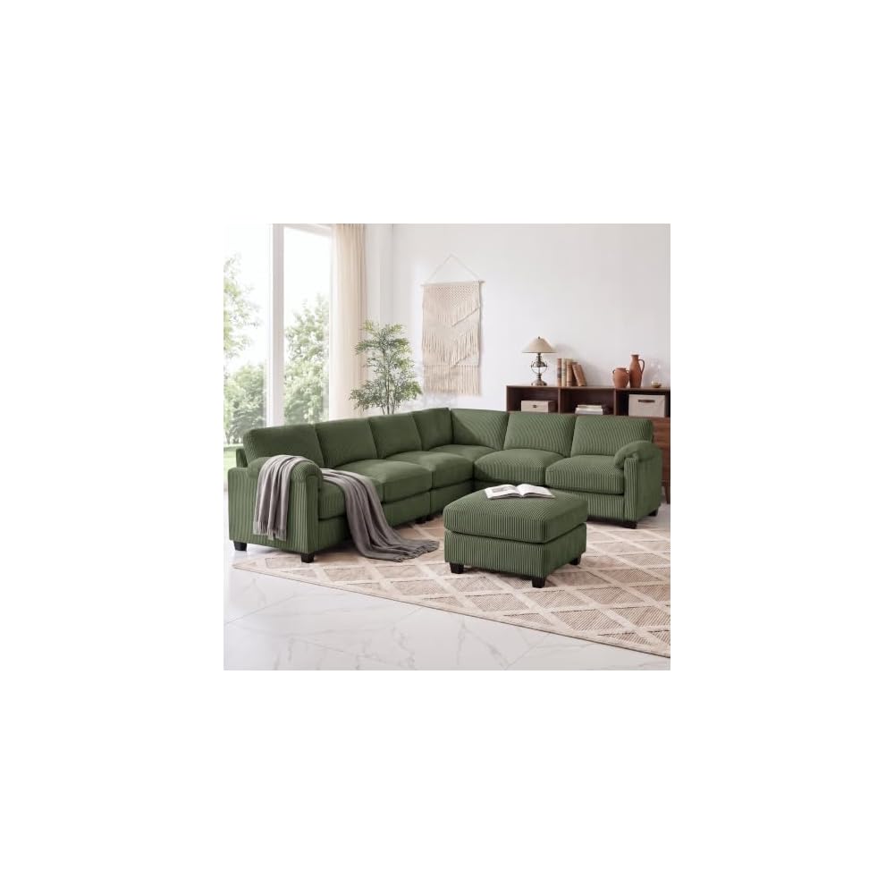 115'' U Shaped Modular Sectional Sofa, Corduroy Cloud Couch with Deep Comfy Seat & Movable Ottoman,Oversized 7-Seater Sofa for Living Room, Green