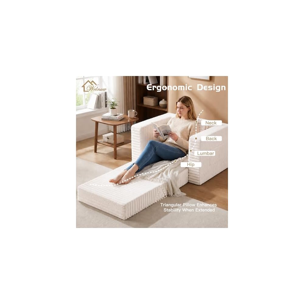 Folding Sofa Chair with Pillow, Single Boneless Couch for Adults, Beige
