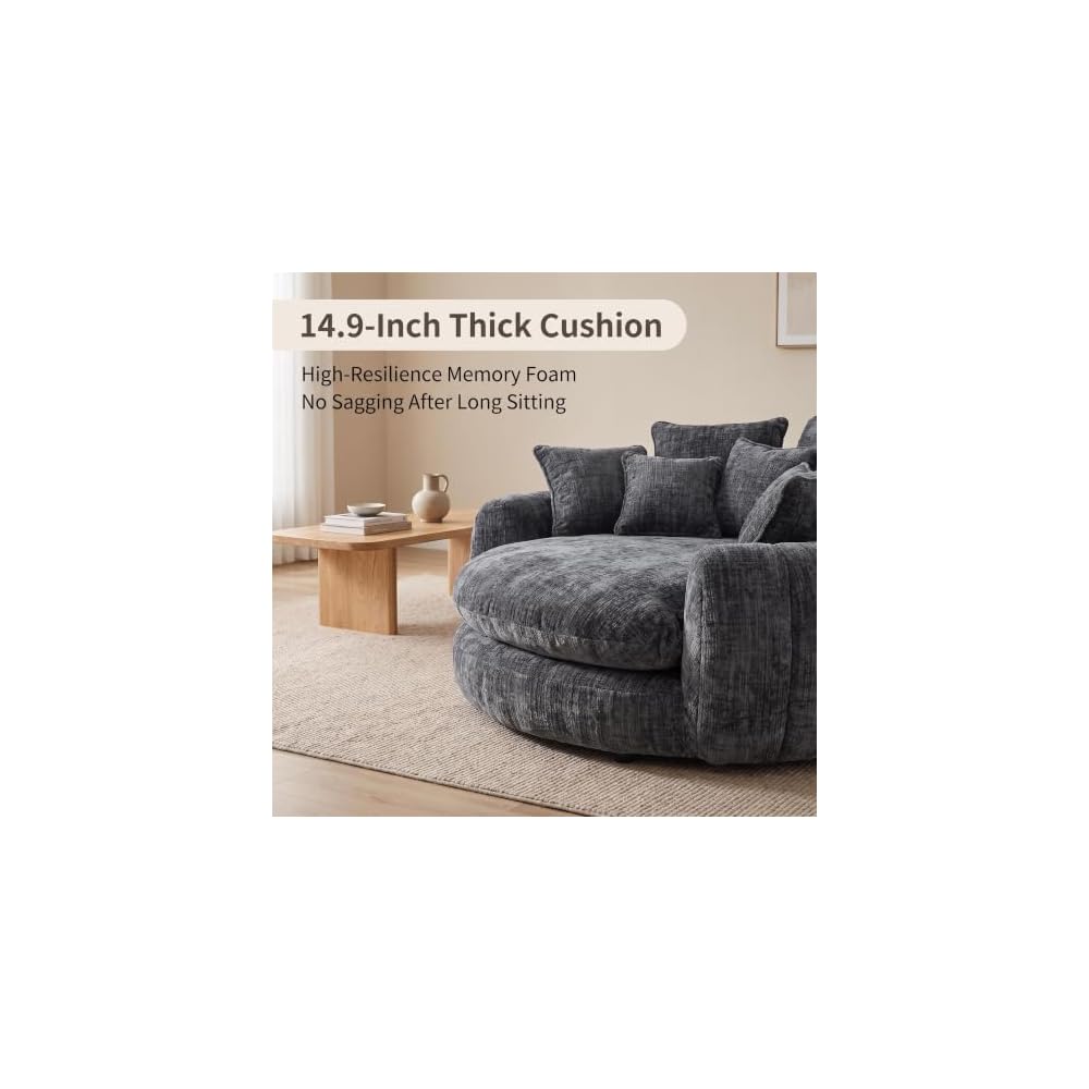 Boneless Round Couch with Deep Seat and 14 Removable Pillows, Oversized Circle Chaise Lounge Chair for 2 Person, Comfy Chenille Loveseat Cloud Couches for Living Room, Dark Grey