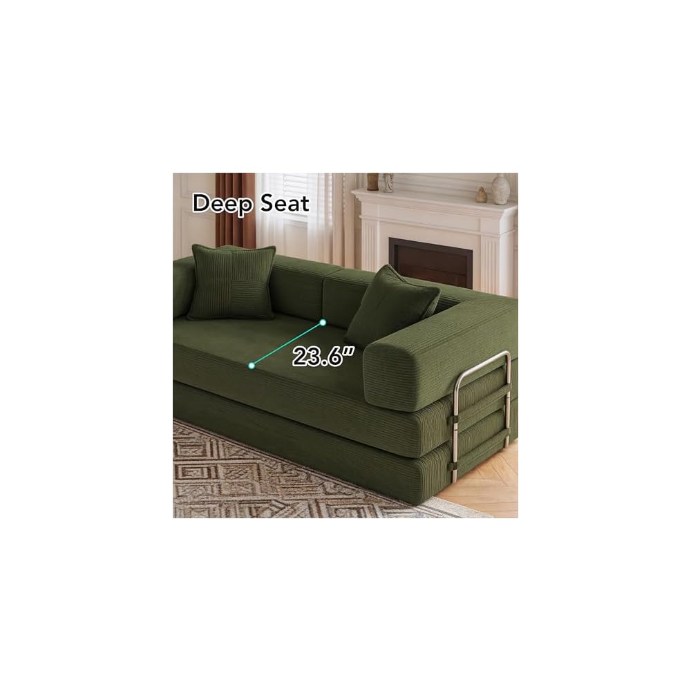 5-in-1 Convertible Sofa Bed,65" Folding Boneless Couch with Fixed-Shape Frame, Corduroy Floor Sofa Loveseat Sleeper for Living Room, Bedroom, Small Apartment, Green