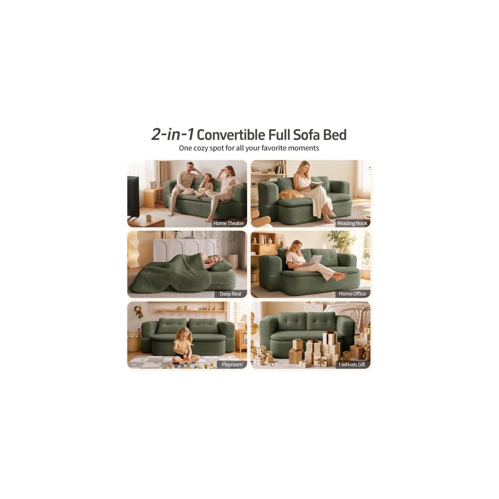 78" Full-Size Boneless Couch, 2-in-1 Convertible Sofa（Green）
