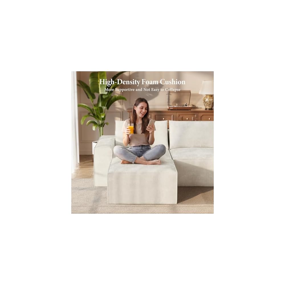 114" U Shaped Boneless Couch, Deep Seat Sectional Sofa, Beige