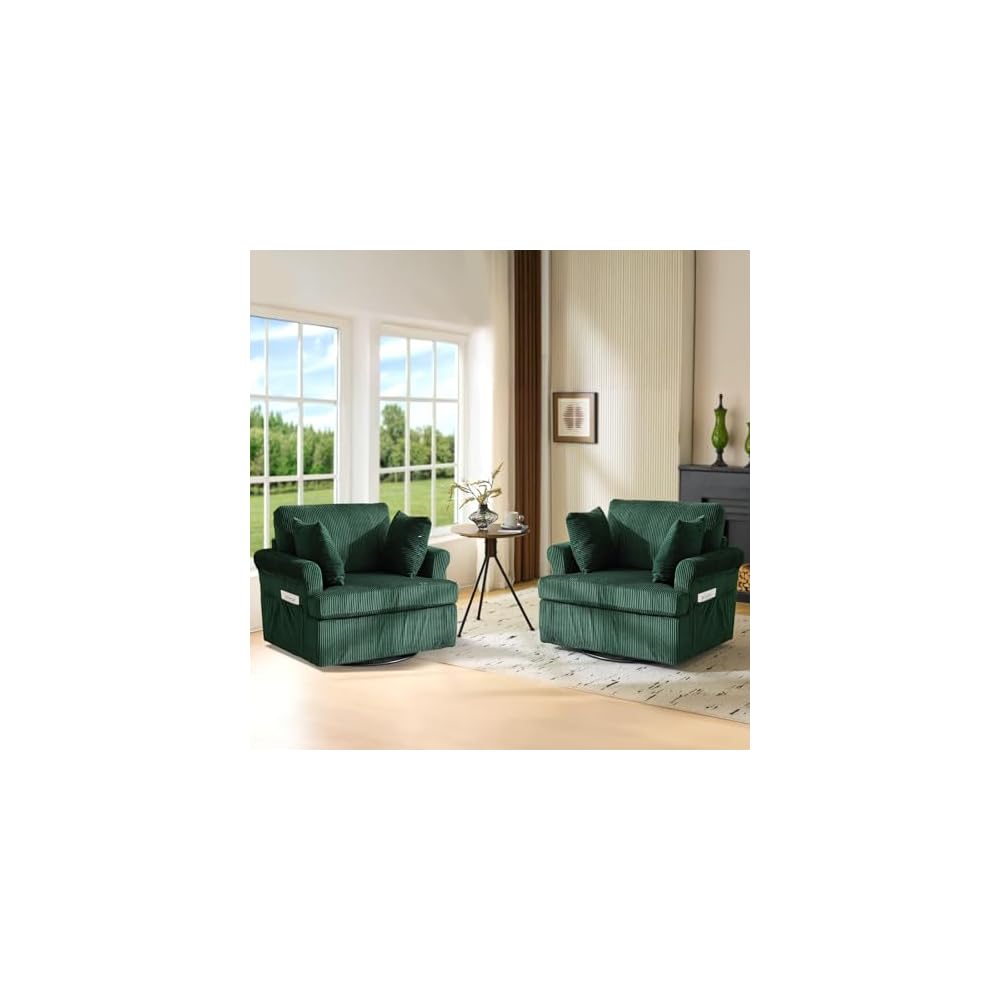 VINGL 39.2" Wide 360° Swivel Accent Armchairs with Pillows Set of 2, Oversized Single Sofas, Chair and a Half with Side Pockets and Wide armrest for Living Room, Bedroom, Reading Room, Corduroy Green