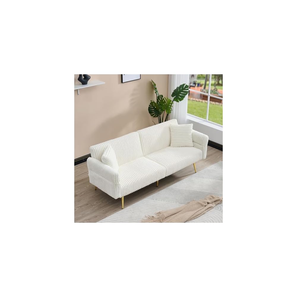 73" Convertible Futon Sofa Bed,Comfy Teddy Fabric Sleeper Couch with 3 Reclining Backrests,Golden Chrome Legs,Modern Cloud Sofa Loveseat for Small Living Room Office (White-Corduroy)