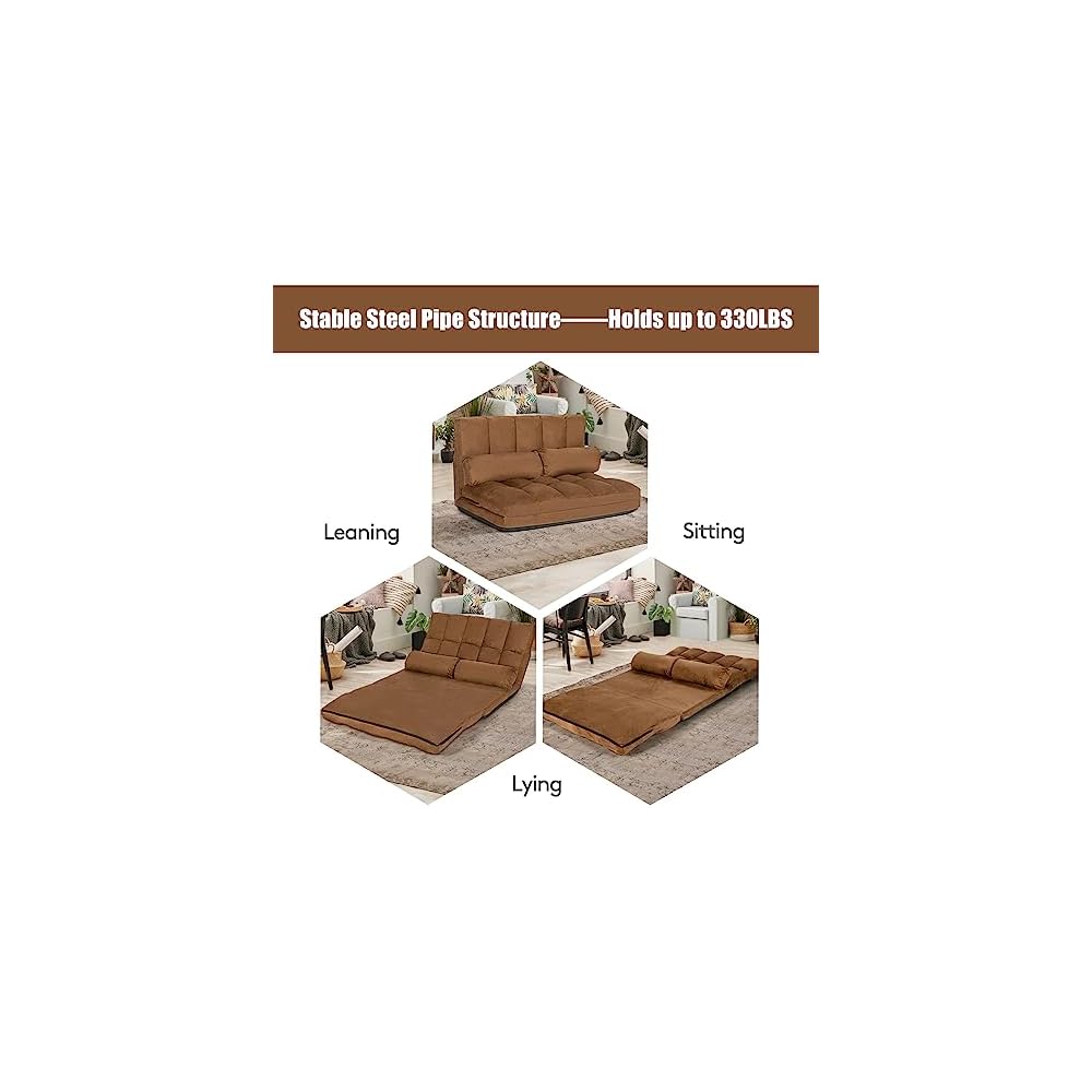 Convertible Floor Sofa, 6-Position Couch with 2 Removable Pillows & Thick Sponge Cushion, Load 330LBS, Adjustable Lazy Sofa Bed for Living Room (Coffee)