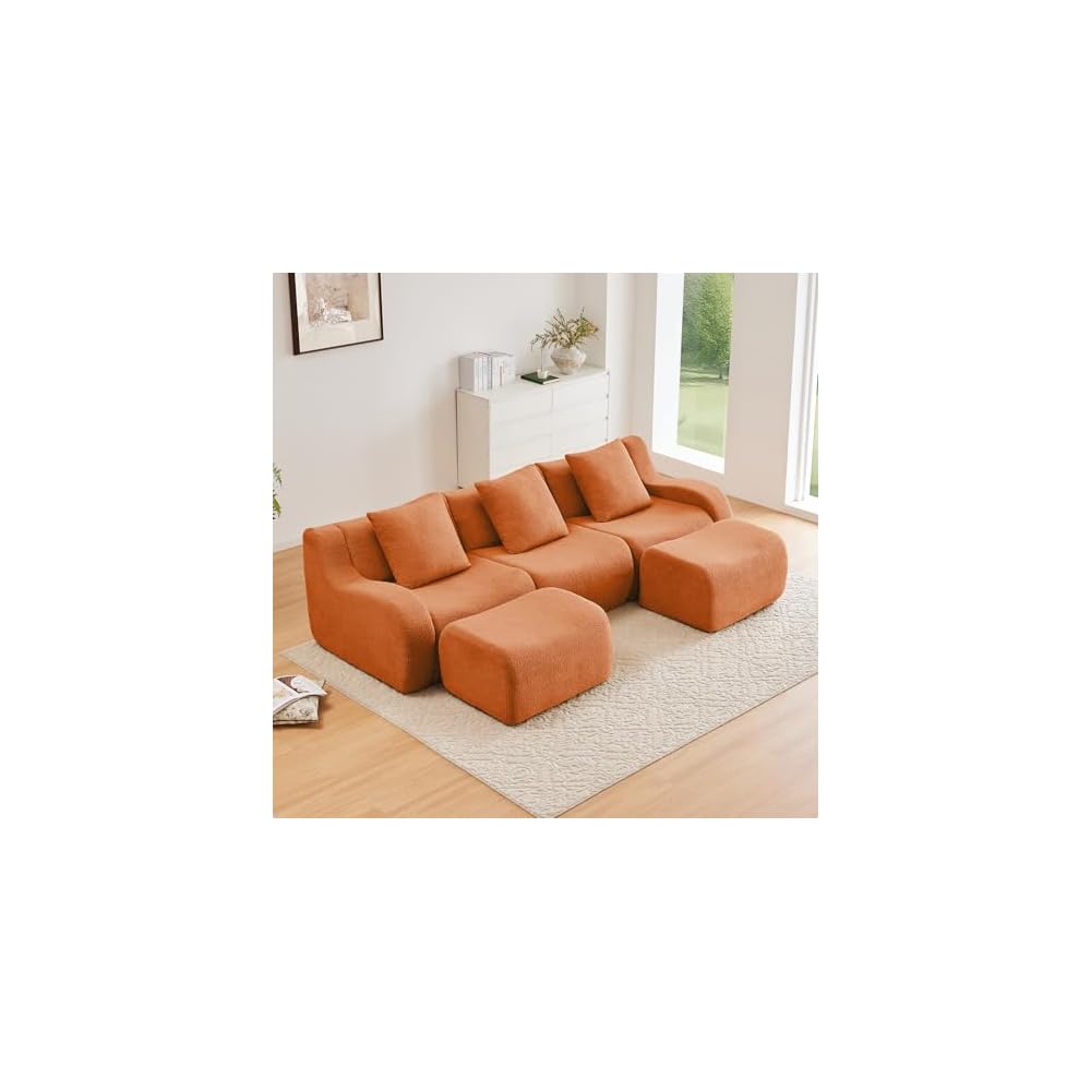 Boneless Cloud Couch Modular Sectional Sofa, U Shaped Couch 3 Seater Comfy Teddy Sofa, Deep Seat Sectional Couches for Living Room, Oversized Floor Couches with Ottoman, No Assembly, Orange
