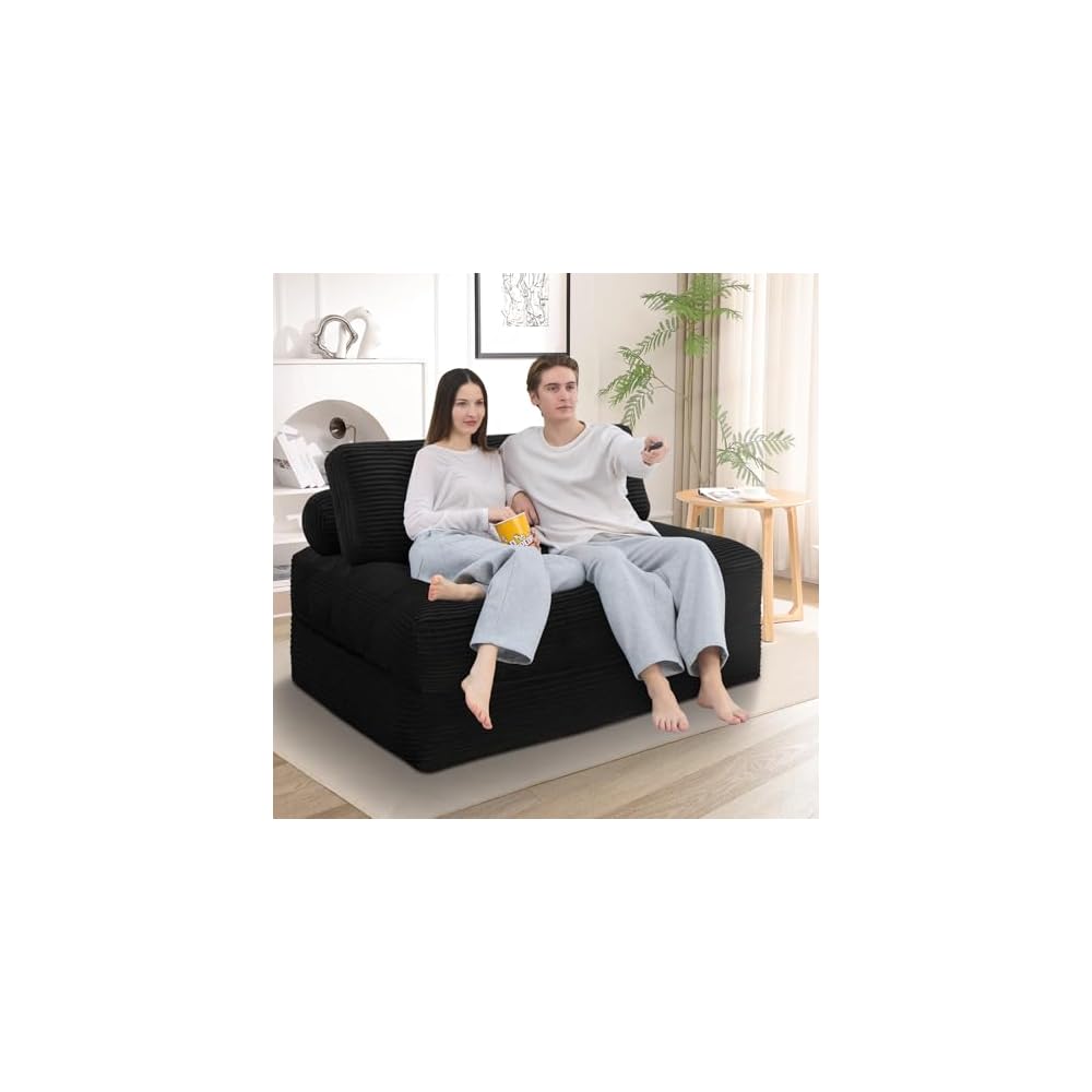 Folding Sofa Bed, Convertible Sleeper Chair with Pillow & Handle, Foldable Mattress Futon Chair Bed Lounge with Back Support, Comfy Floor Sofa for Living Room Bedroom, Black, Full