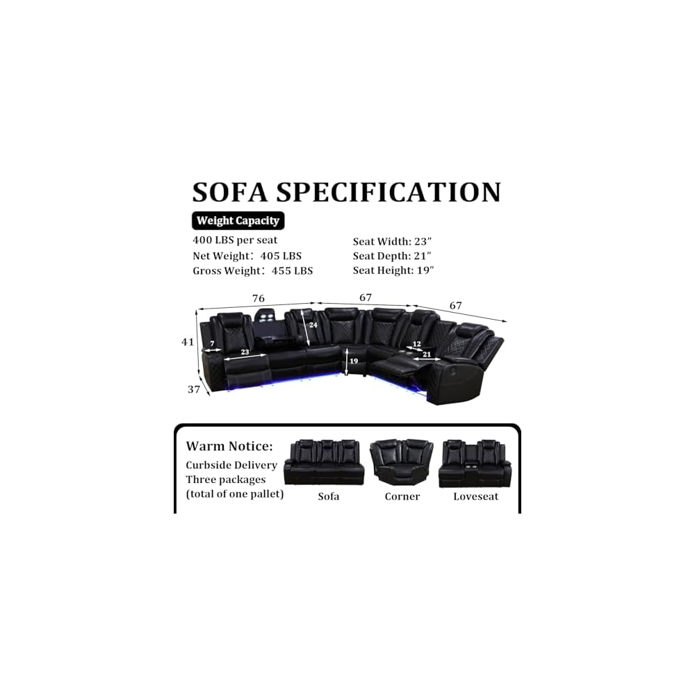 Power Reclining Sectional Sofa Set with LED Lights, Vegan Leather Recliner Sectional Couch for Living Room Furniture,Wireless Charging/USB Charging/Reading Lamp/Armrest Storage,Black