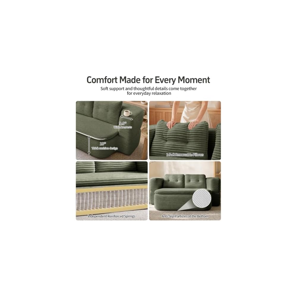 78" Full-Size Boneless Couch, 2-in-1 Convertible Sofa（Green）
