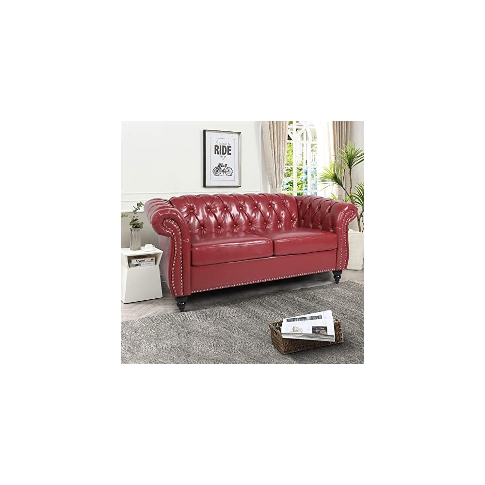 Traditional Chesterfield PU Loveseat Sofa, Modern Vintage Chesterfield Button Tufted Faux Leather Couch with Nailhead Trim Scrolled Arms for Living Room Bedroom Office(Burgundy)