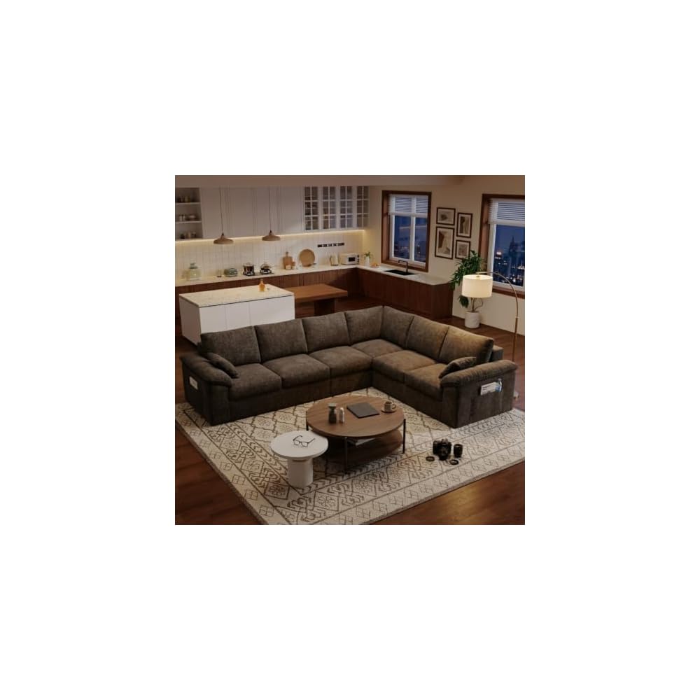 112" Boneless Cloud Sectional Couch, 6-Seat Modular L-Shaped Sofa, Brown