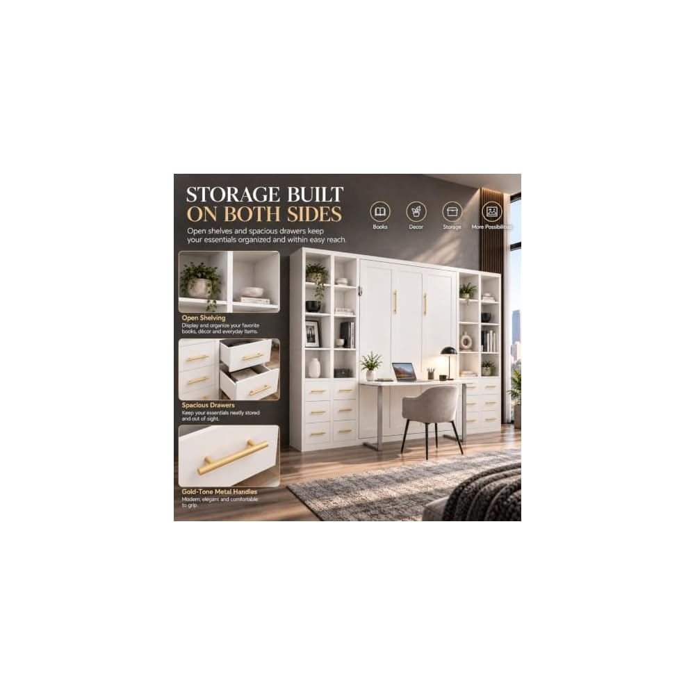 Queen Murphy Bed with Desk and Storage, Space-Saving Wall Bed with Cabinets