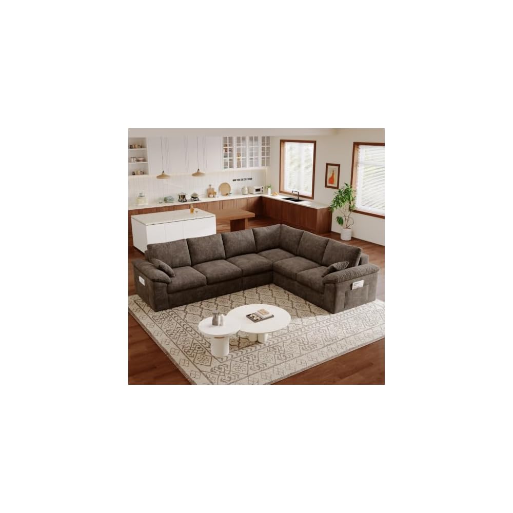 112" Boneless Cloud Sectional Couch, 6-Seat Modular L-Shaped Sofa, Brown