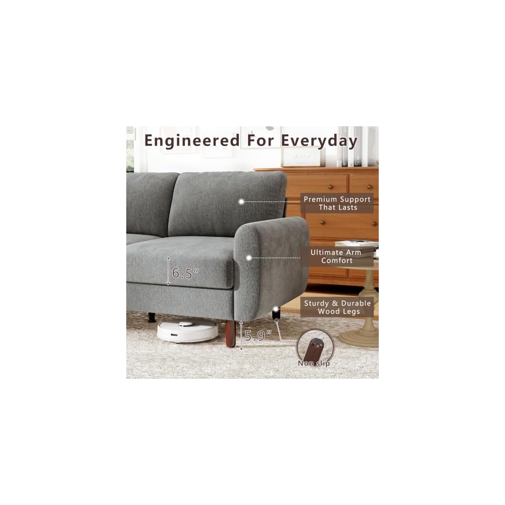 68" Loveseat Sofa, Small Couch for Small Spaces, Mid Century Modern Couch, Comfy Chenille Sofa with Spring Cushion and Wood Frame, Deep Seat Couch for Living Room Bedroom Office, Grey