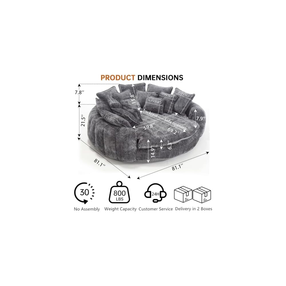 Boneless Round Couch with Deep Seat and 14 Removable Pillows, Oversized Circle Chaise Lounge Chair for 2 Person, Comfy Chenille Loveseat Cloud Couches for Living Room, Dark Grey