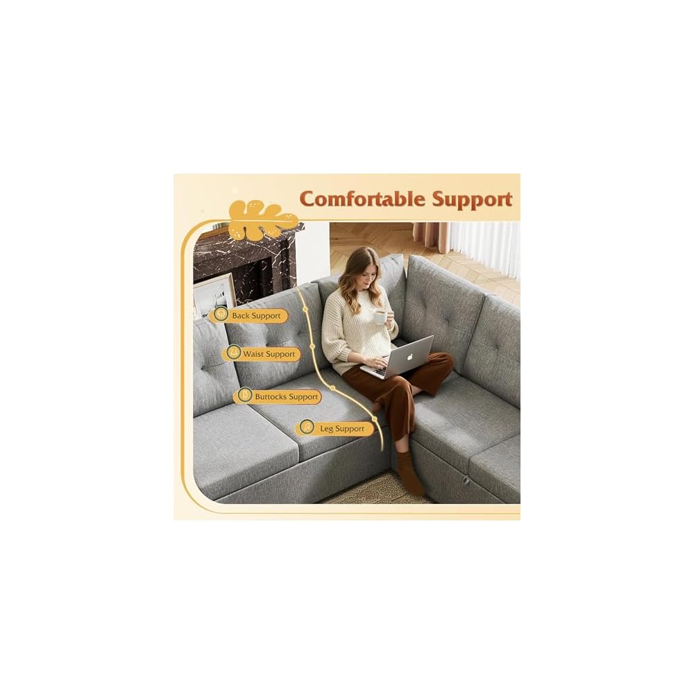110'' Sectional Couches for Living Room, Pull Out Couch, U Shape 7 Seat Sleeper Sofa with Storage Chaise and Pillows, Removable Sofa Cover, Cups Holders, USB Charging Station, Grey
