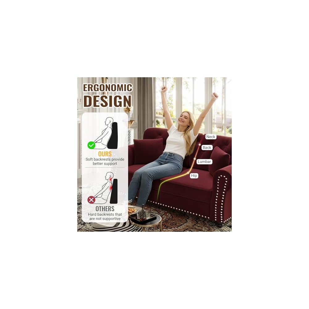 4-Piece Chesterfield Sofa Set, Upholstered Velvet 3-Seater Sofa & Loveseat & Single Sofa & Ottoman with Nailhead Trim, Modern Button Tufted Sectional Couches for Living Room, Burgundy