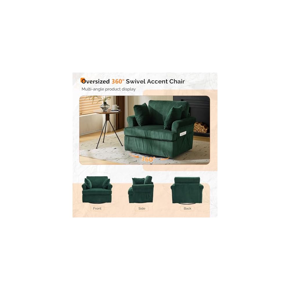 VINGL 39.2" Wide 360° Swivel Accent Armchairs with Pillows Set of 2, Oversized Single Sofas, Chair and a Half with Side Pockets and Wide armrest for Living Room, Bedroom, Reading Room, Corduroy Green