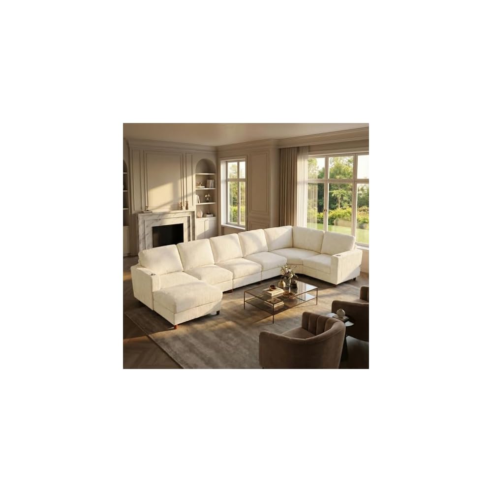 159 Inch Oversized Modular Sectional Sofa with Curved Corner, Convertible U/L-Shaped Cloud Couch with Moveable Seat,Storage Ottoman,Cupholders, Living Room Chenille Fabric Sofa