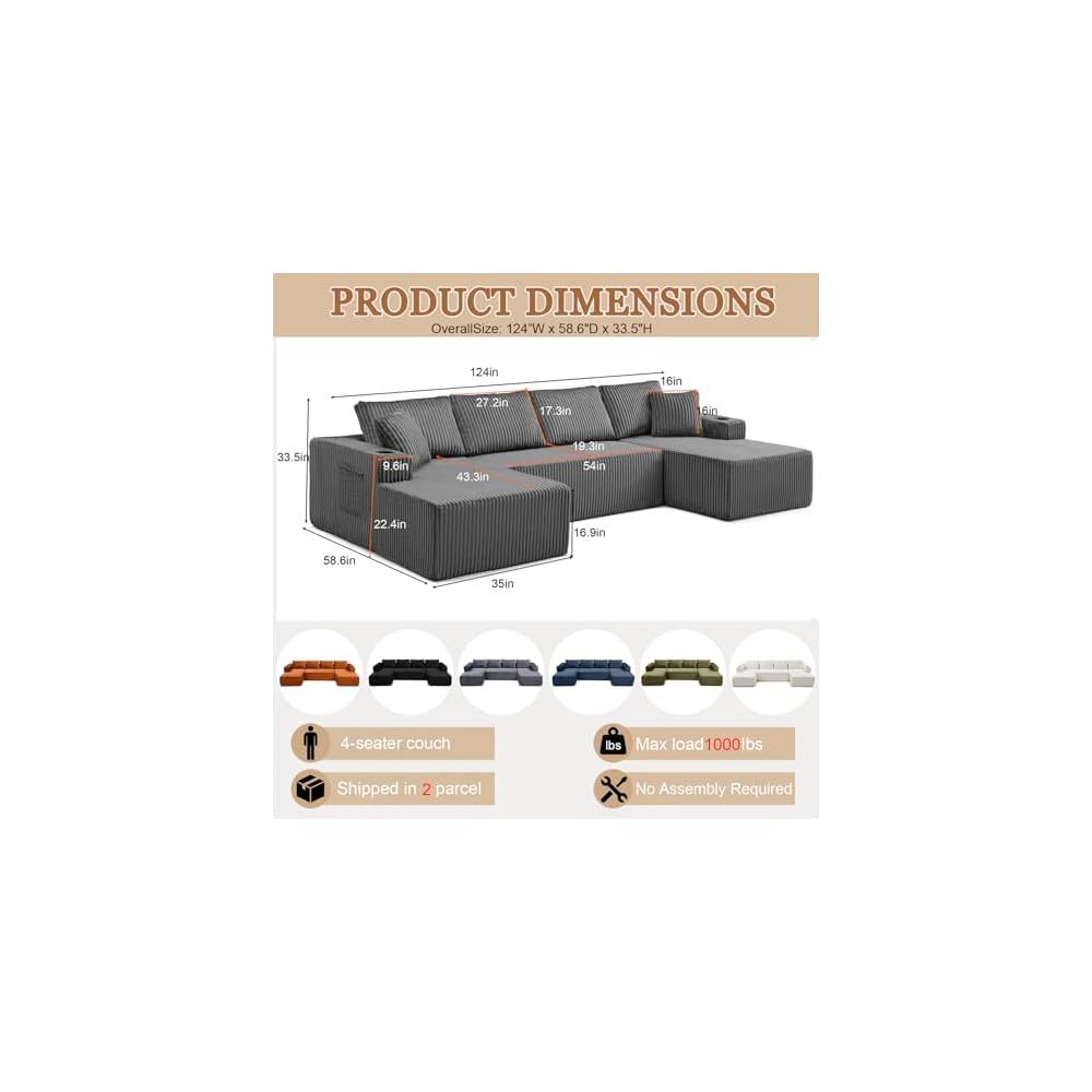 124" Cloud Boneless Couch, U-Shape Modular Sectional Sofa for Living Room