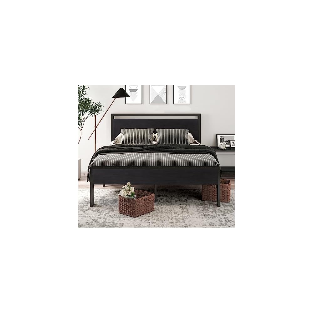 14 Inch Queen Size Metal Platform Bed Frame with Wooden Headboard and Footboard, Mattress Foundation, No Box Spring Needed, Large Under Bed Storage, Non-Slip Without Noise, Black Oak