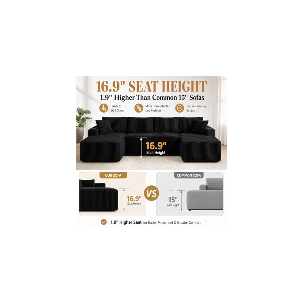 124" Cloud Boneless Couch, U-Shape Modular Sectional Sofa for Living Room