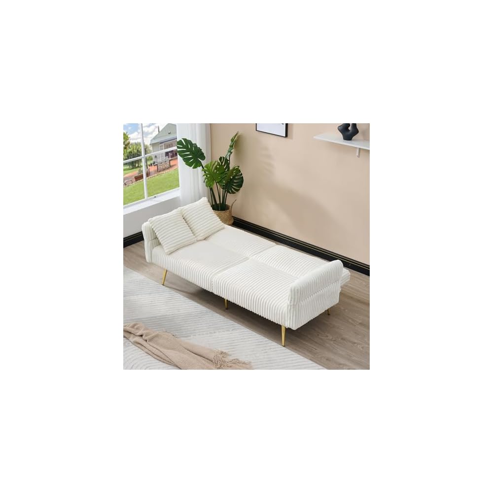 73" Convertible Futon Sofa Bed,Comfy Teddy Fabric Sleeper Couch with 3 Reclining Backrests,Golden Chrome Legs,Modern Cloud Sofa Loveseat for Small Living Room Office (White-Corduroy)