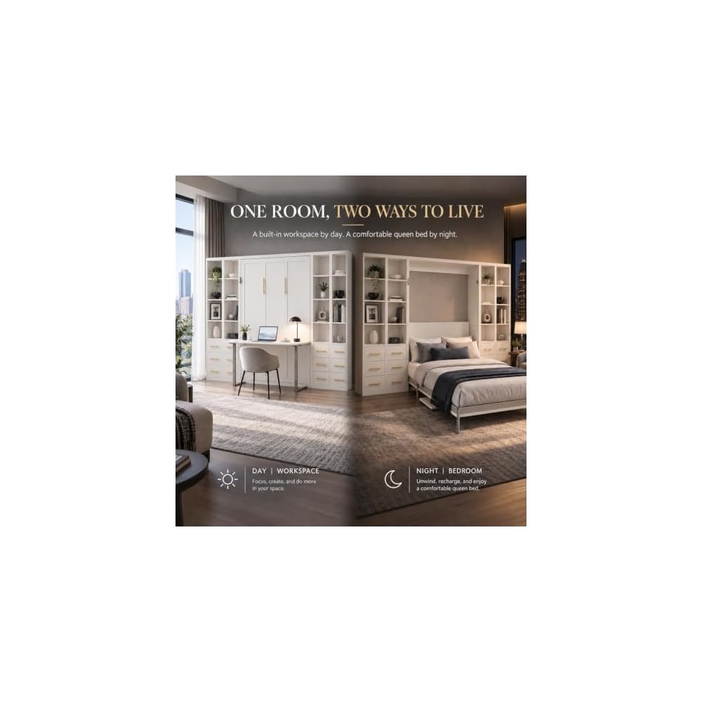 Queen Murphy Bed with Desk and Storage, Space-Saving Wall Bed with Cabinets