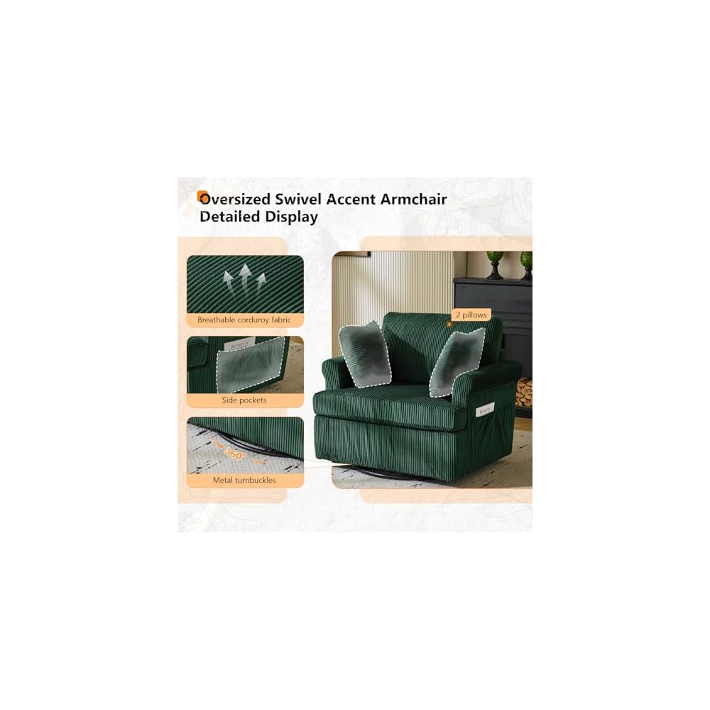 VINGL 39.2" Wide 360° Swivel Accent Armchairs with Pillows Set of 2, Oversized Single Sofas, Chair and a Half with Side Pockets and Wide armrest for Living Room, Bedroom, Reading Room, Corduroy Green