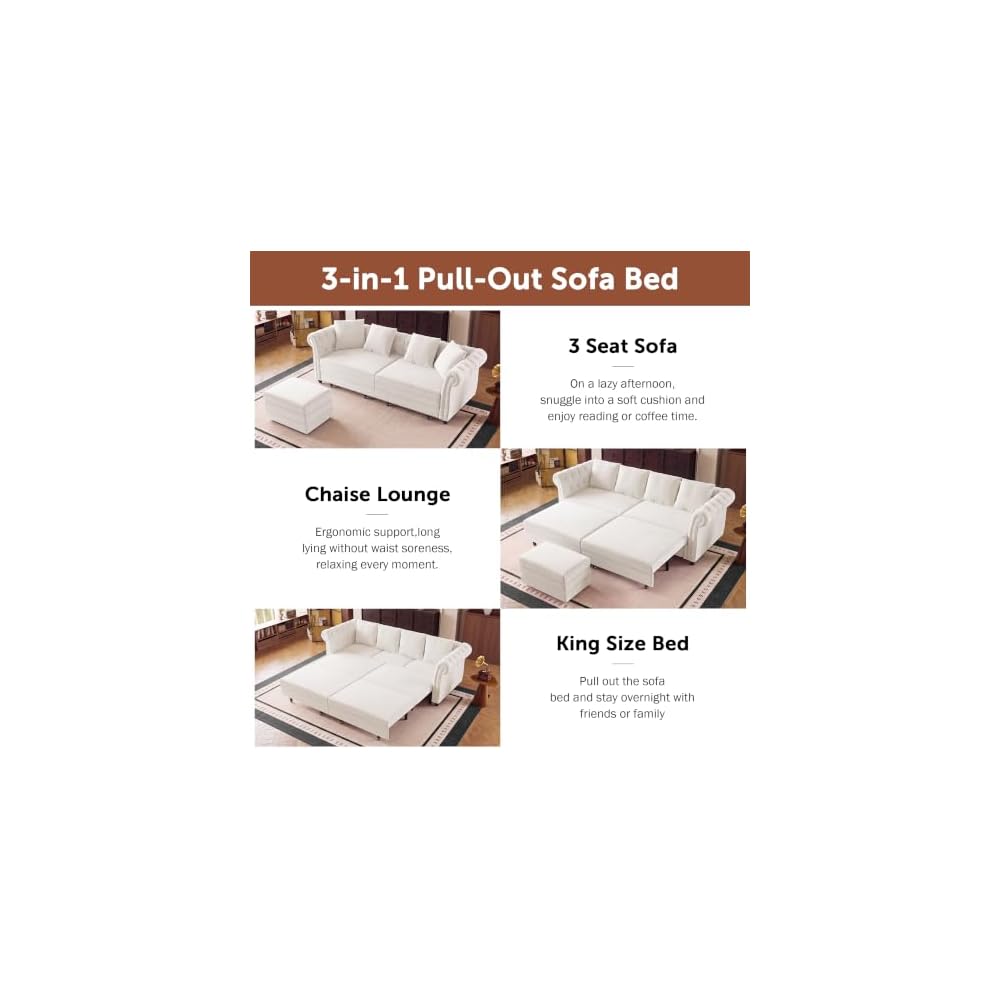 89'' 3-in-1 Pull Out Velvet Chesterfield Convertible Sofa Bed(Beige)