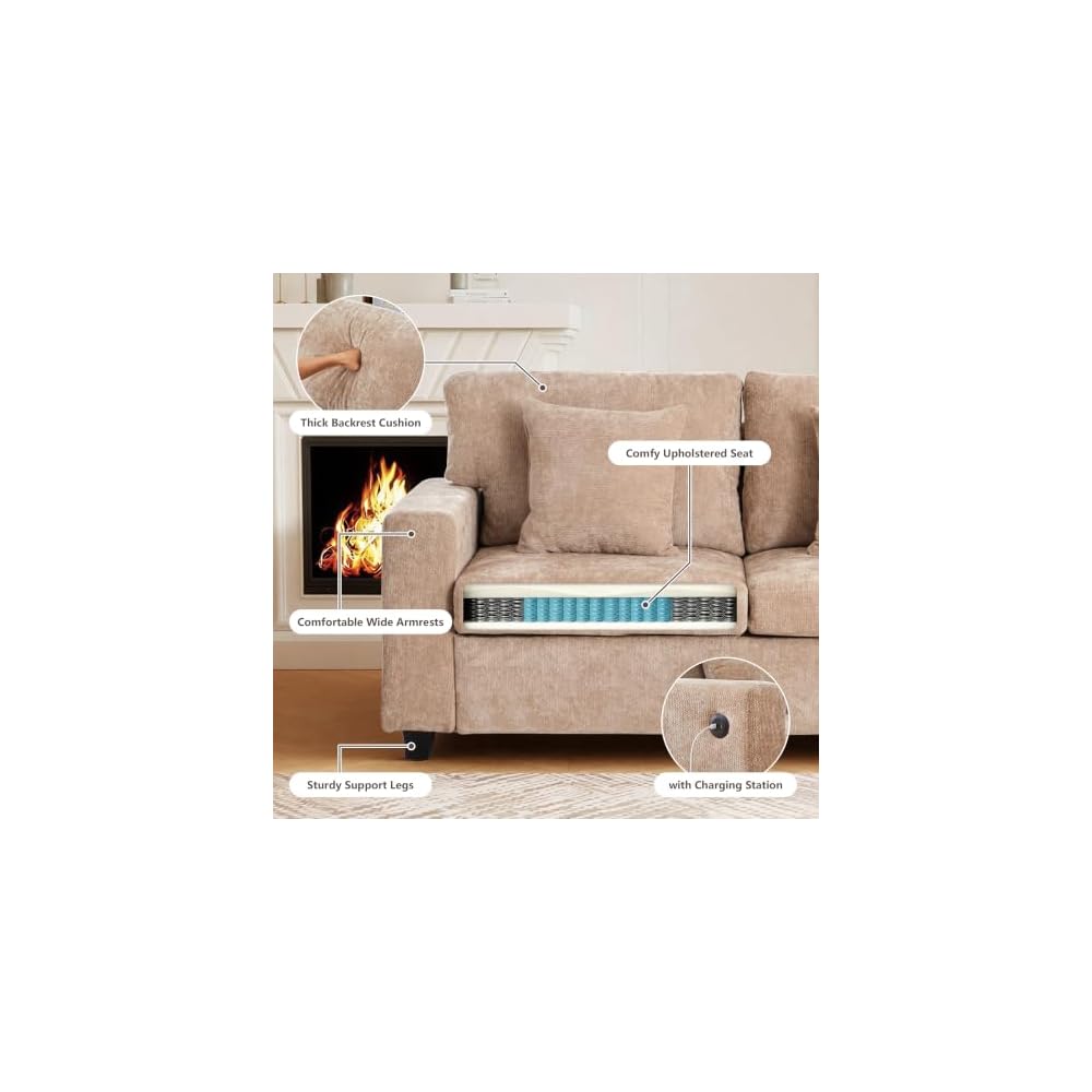 3-Piece Chenille Sofa Set with Ottoman for Living Room (Light Brown)