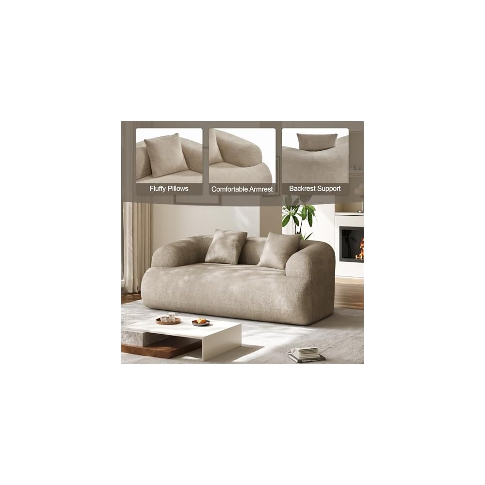 75" Boneless Cloud Loveseat, Modern Cute Curved Chenille Sofa, 2 Seater Compression Couch with 2 Pillows, No Assembly Required for Apartment Living Room, Light Brown