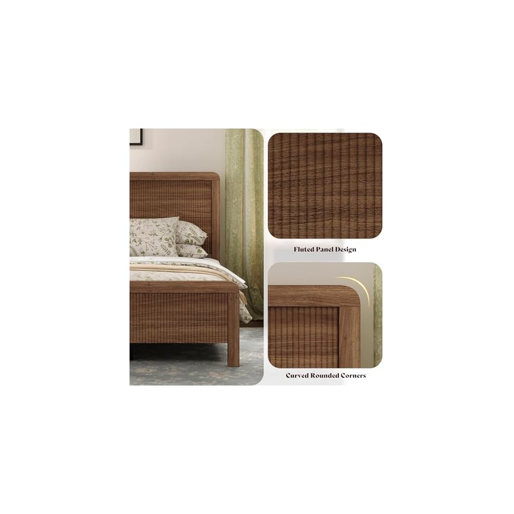Queen Wood Bed Frame with Fluted Headboard & Footboard, Walnut