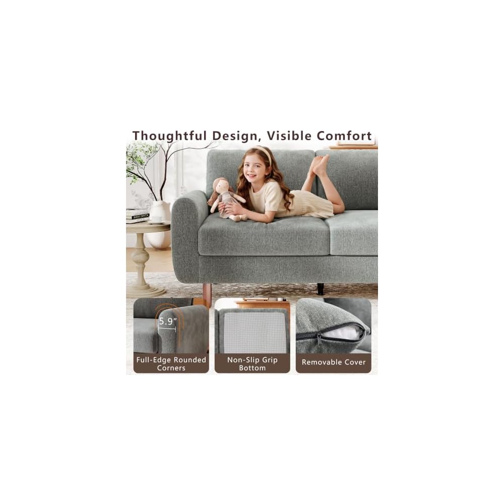 68" Loveseat Sofa, Small Couch for Small Spaces, Mid Century Modern Couch, Comfy Chenille Sofa with Spring Cushion and Wood Frame, Deep Seat Couch for Living Room Bedroom Office, Grey