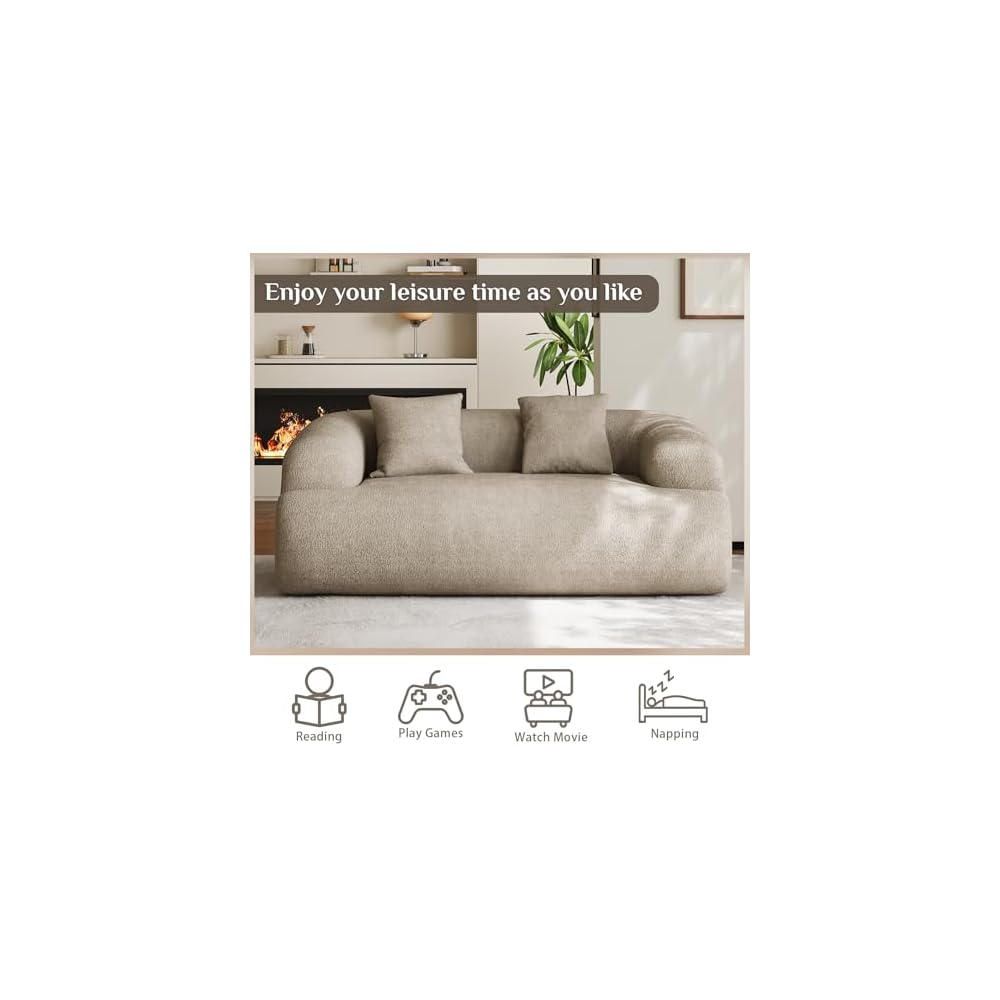 75" Boneless Cloud Loveseat, Modern Cute Curved Chenille Sofa, 2 Seater Compression Couch with 2 Pillows, No Assembly Required for Apartment Living Room, Light Brown