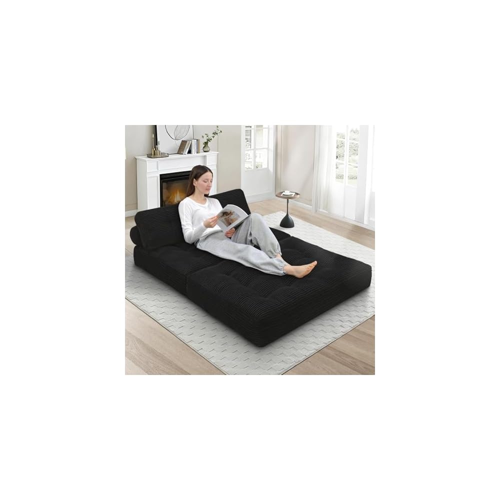 Folding Sofa Bed, Convertible Sleeper Chair with Pillow & Handle, Foldable Mattress Futon Chair Bed Lounge with Back Support, Comfy Floor Sofa for Living Room Bedroom, Black, Full