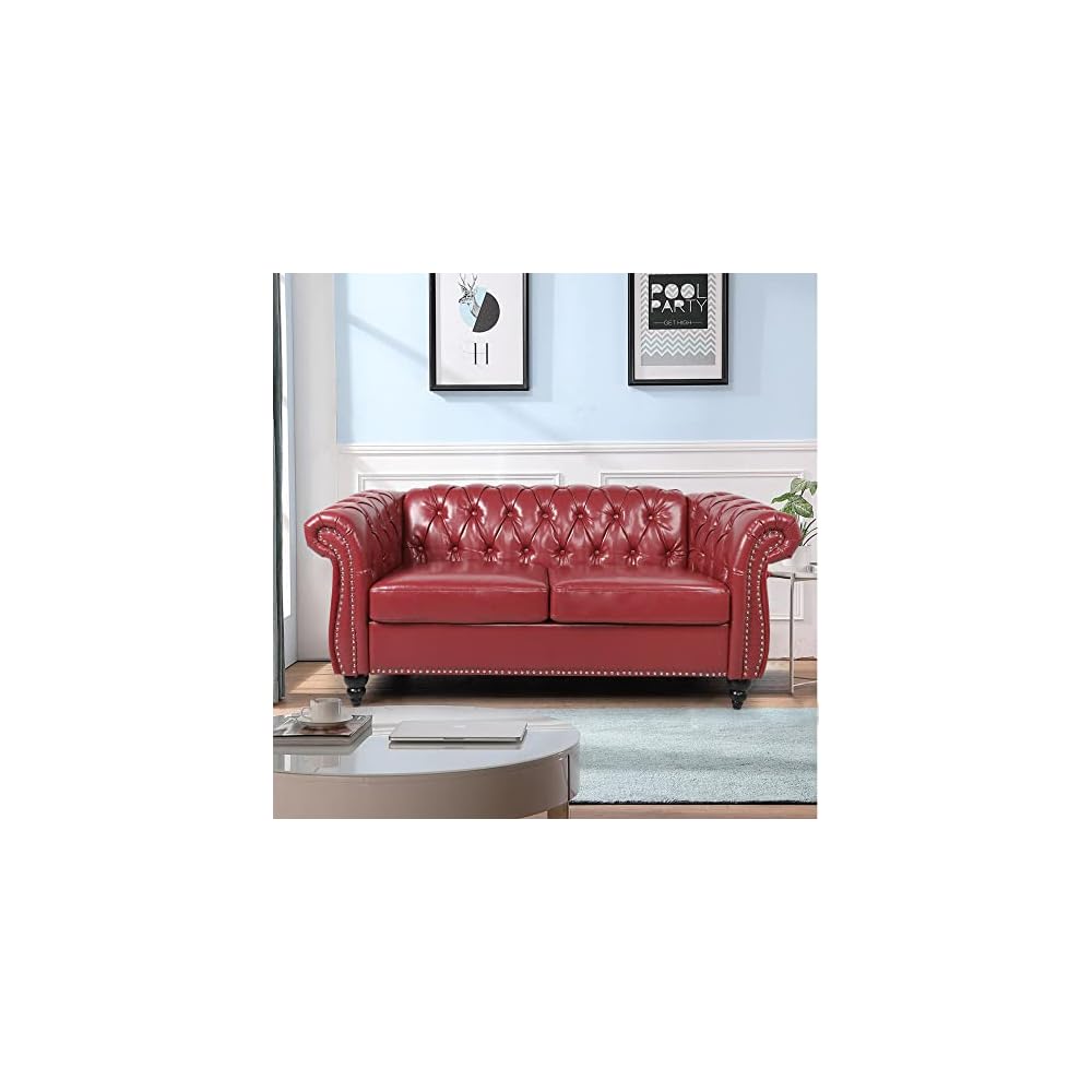 Traditional Chesterfield PU Loveseat Sofa, Modern Vintage Chesterfield Button Tufted Faux Leather Couch with Nailhead Trim Scrolled Arms for Living Room Bedroom Office(Burgundy)