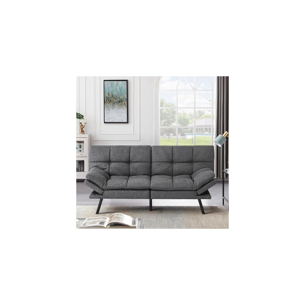 Memory Foam Futon Sofa Bed, Adjustable Backrests Armrests Convertible Modern Design Couch for Living Room, Apartment, Office, Small Room, 71" Daybed Dark Gray