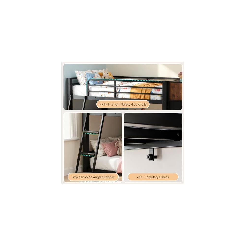 Twin Over Twin Bunk Bed with 6 Drawers & Covered Ladder, Low-Design, Black