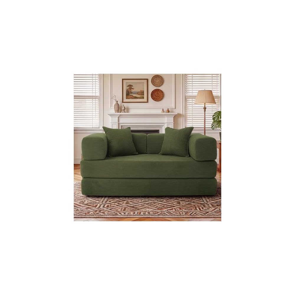 5-in-1 Convertible Sofa Bed,65" Folding Boneless Couch with Fixed-Shape Frame, Corduroy Floor Sofa Loveseat Sleeper for Living Room, Bedroom, Small Apartment, Green