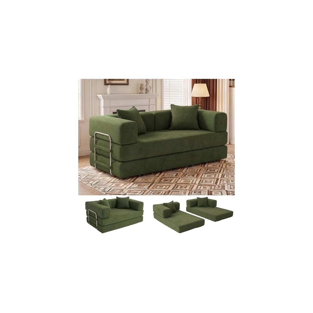 5-in-1 Convertible Sofa Bed,65" Folding Boneless Couch with Fixed-Shape Frame, Corduroy Floor Sofa Loveseat Sleeper for Living Room, Bedroom, Small Apartment, Green