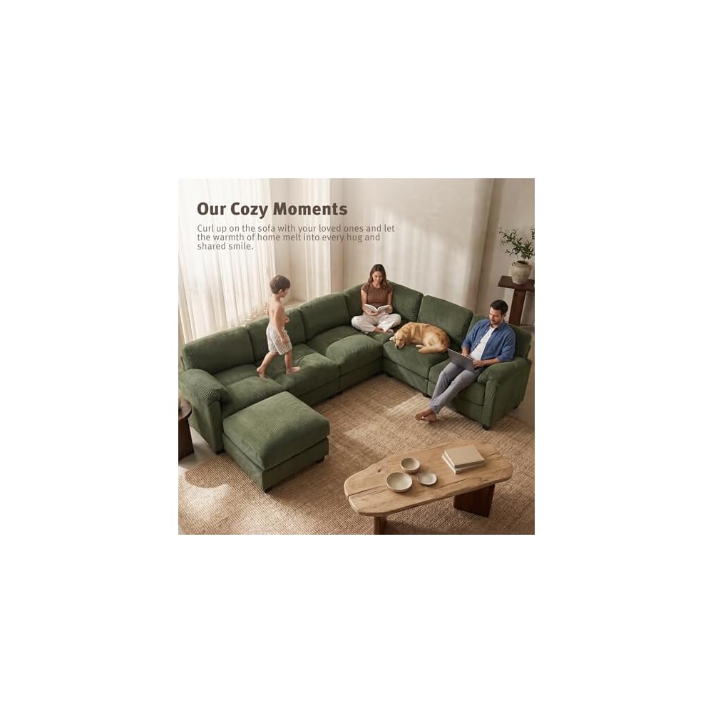 115'' U Shaped Modular Sectional Sofa, Corduroy Cloud Couch with Deep Comfy Seat & Movable Ottoman,Oversized 7-Seater Sofa for Living Room, Green