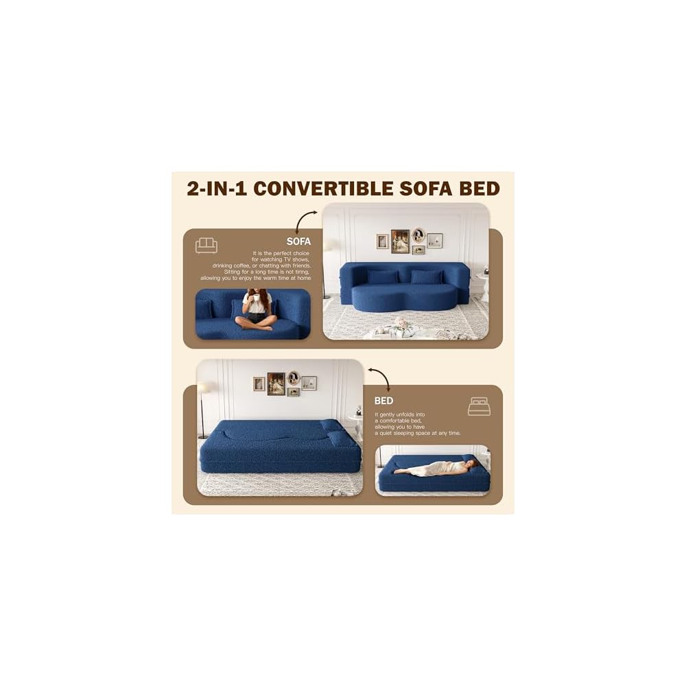 78" Foldable Sleeper Sofa, Convertible Couch with Pillows, Blue