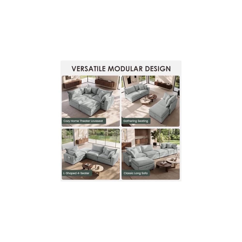 115" Oversized L Shaped Couch, Down Blend Sectional Couches,Deep Seat Big Comfy Couch with Movable Ottoman,Solid Wood Frame,Home Sofa Living Room,Bedroom,Removable Cover, Grey