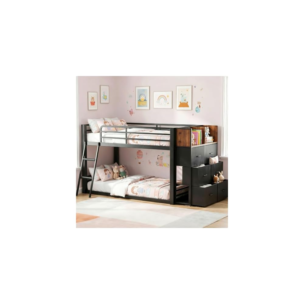 Twin Over Twin Bunk Bed with 6 Drawers & Covered Ladder, Low-Design, Black