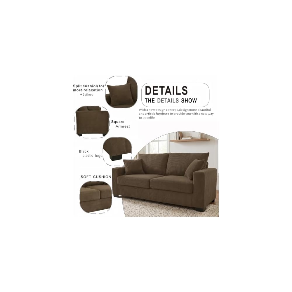69" Two-Seater Dark Grey Fabric Loveseat, 2 Throw Pillows, lastic Legs
