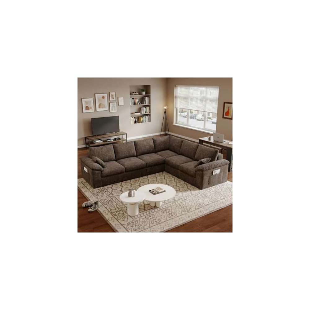 112" Boneless Cloud Sectional Couch, 6-Seat Modular L-Shaped Sofa, Brown