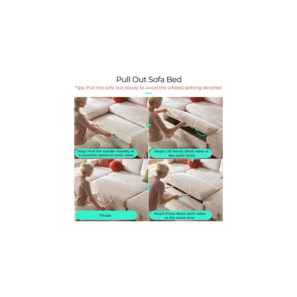 Sectional Sleeper Sofa with Pull Out Couch Bed - Convertible Plush Corduroy Cloud Couch with Storage Chaise & USB Charging, Comfy Modular Couches for Living Room, Beige