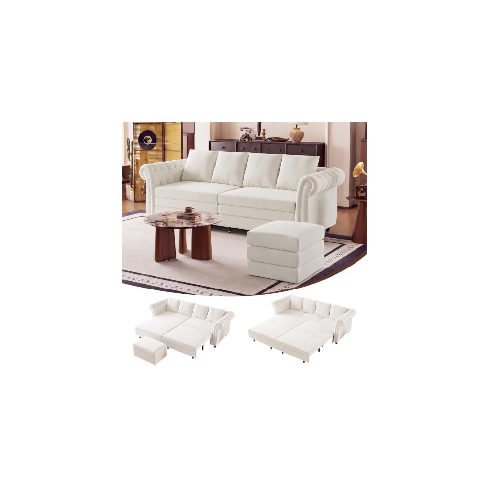 89'' 3-in-1 Pull Out Velvet Chesterfield Convertible Sofa Bed(Beige)