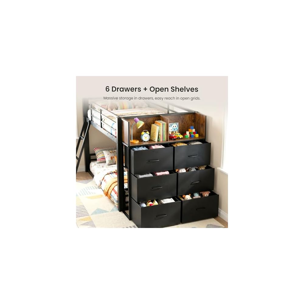 Twin Over Twin Bunk Bed with 6 Drawers & Covered Ladder, Low-Design, Black